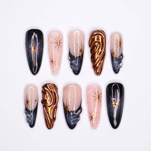 Elevate Your Nail Game with Copper Chrome Twinkle Star Press-Ons: Deep Aura Long Almond Shape for Glamorous, Stand-Out Style