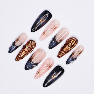 Elevate Your Glam: Long Almond Copper Chrome Press-On Nails with Twinkle Star Accents, Deep Aura Vibes, and Chic French Tips