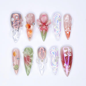 Stunning Long Stiletto Press-On Nails, Pink Orchid, Butterfly Design & Chic Chrome Pearl Effect - Perfect for Glamorous Looks