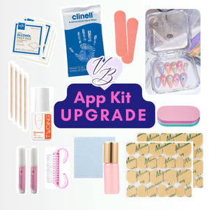 An assortment of nail care supplies, including alcohol prep pads, nail files, a nail brush, nail glue, and a bottle of nail polish. The kit also includes a set of false nails in a clear case, and the