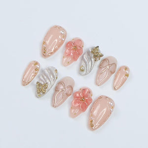 Blush Elegance Press-On Nails with 3D Flowers, Bows & Gold Details – Handmade Chic Nails for a Romantic and Glamorous Look or Gift for Her