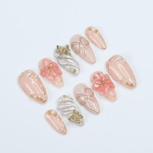 Blush Elegance Press-On Nails with 3D Flowers, Bows & Gold Details – Handmade Chic Nails for a Romantic and Glamorous Look or Gift for Her