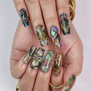 Vitrella Stained Glass Press-On Nails – 3D Gold Details, Floral Accents & Jewel Tones, Handmade Long Coffin Nails for Art and Vintage Lovers