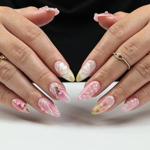 Dreamy Pink Press On Nails with 3D Flower Art, Silver Details And Bow, Handmade Almond Nails Perfect For Spring, Birthday & Gifting