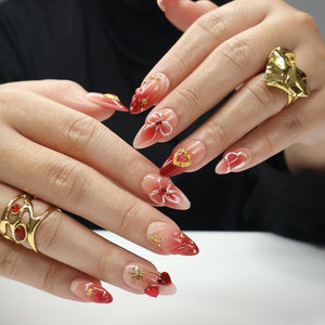 Press On Nails Cupid’s Kiss with Gold Heart | 3D Bow & Gem Fake Nail in Medium Almond | Handmade Nail Art for Holiday, Anniversary, Birthday