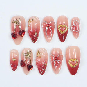 Press On Nails Cupid’s Kiss with Gold Heart | 3D Bow & Gem Fake Nail in Medium Almond | Handmade Nail Art for Holiday, Anniversary, Birthday