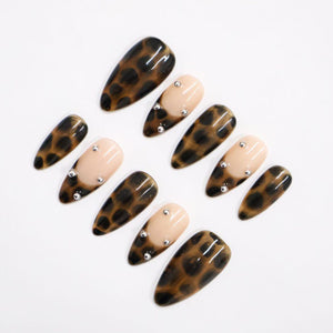 Press On Nails Tortoiseshell with Nude & Silver Accent | Fake Nail in Medium Almond | Handmade Fall Nail Art for Holiday, Vacation, Birthday