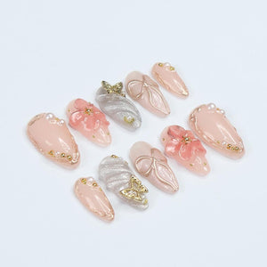 Blush Elegance Press-On Nails with 3D Flowers, Bows & Gold Details – Handmade Chic Nails for a Romantic and Glamorous Look or Gift for Her