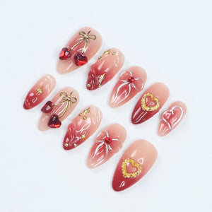 Press On Nails Cupid’s Kiss with Gold Heart | 3D Bow & Gem Fake Nail in Medium Almond | Handmade Nail Art for Holiday, Anniversary, Birthday