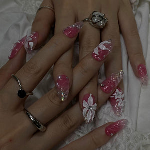 Press On Nails Blossoms with Pearl Accents | 3D Floral Fake Nails in Medium Almond | Handmade Bridal Nail Art for Wedding, Prom, Birthday