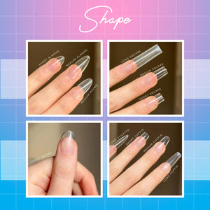 Image showcasing various nail shapes: short almond, medium almond, medium round, long square, medium square, short square, short round, long stiletto, short coffin, medium coffin, and long coffin. The