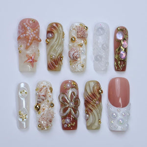 3D nude and white press on nails with seashells, starfish, pearls, and textured gel waves — custom press on nails, luxury handmade nail art, fake nails, false nails, pressons — perfect for summer vaca