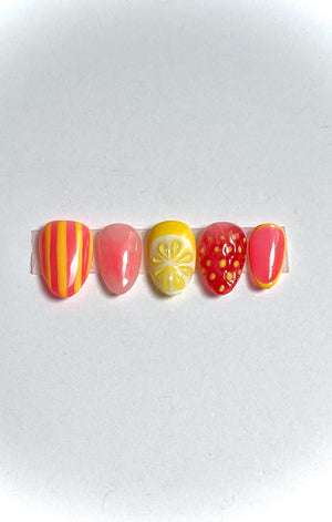 Pink Strawberry Lemonade Gel Press On Nails | Summer Press Ons | XShort to XLong Gel Nails | Fruit Nails | 3D Nail Art 2025