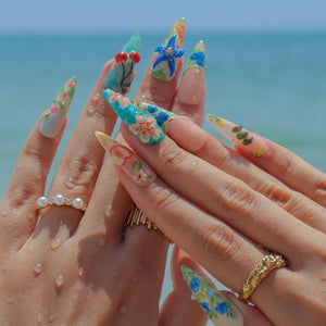 Summer Press On Nails Tropical Bloom with Ocean Treasures | 3D Fake Nails in Long Almond| Handmade Nail Art for Holiday, Vacation, Birthday