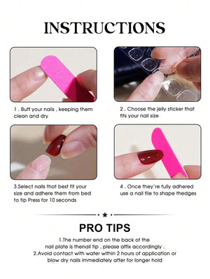 An instructional graphic for press-on nails featuring four steps: buffing nails, selecting jelly stickers, applying dark red nails, and filing edges. Includes text: INSTRUCTIONS, 1. Buff your nails, 2. Choose the jelly sticker, 3. Select nails, 4. Us