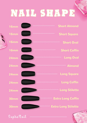 A pink graphic showing various black nail shapes with their lengths in millimeters. Nail shapes include Short Almond, Short Square, Short Oval, Short Coffin, Long Oval, Almond, Long Square, Long Coffi