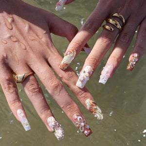 3D nude and white press on nails with seashells, starfish, pearls, and textured gel waves — custom press on nails, luxury handmade nail art, fake nails, false nails, pressons — perfect for summer vaca