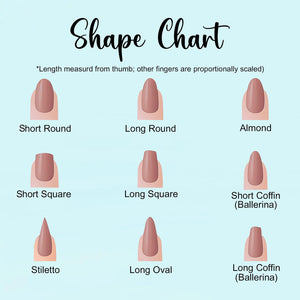 A nail shape chart with nine different nail shapes, including Short Round, Long Round, Almond, Short Square, Long Square, Short Coffin (Ballerina), Stiletto, Long Oval, and Long Coffin (Ballerina). Th