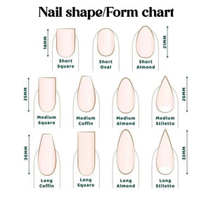 A nail shape chart with the title "Nail shape/Form chart" at the top. The chart displays various nail shapes, including short square, short oval, short almond, medium square, medium coffin, medium almond, medium stiletto, long coffin, long square, lo