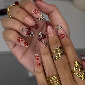 Autumn Press On Nails with Cherries & Leopard Print | 3D Floral Fake Nails in Medium Almond | Handmade Nail Art for Fall Look, Party, Gift