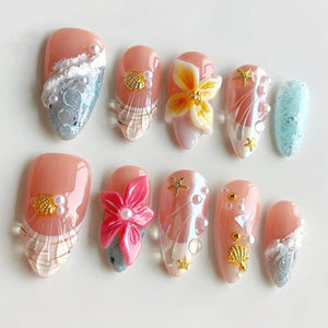 Tropical Beachy Press On Nails, Summer Ocean Nails, 3D Flower Art, Seashell Nail Set, Beach Vibes, Mermaid Inspired R8MMM image 2