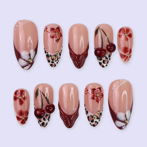 Autumn Press On Nails with Cherries & Leopard Print | 3D Floral Fake Nails in Medium Almond | Handmade Nail Art for Fall Look, Party, Gift