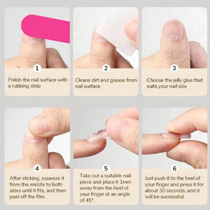 A six-step instructional guide for applying press-on nails. Steps include polishing the nail with a pink strip, cleaning the surface, selecting a clear jelly glue adhesive, peeling the film, and pressing the nail at a 45-degree angle.