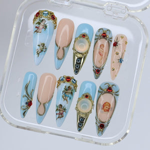 Winter Angel Press On Nails with Blue and Gold Baroque Design | Handmade Long Almond Nails | Vintage Art Nail Set for Christmas or Gift