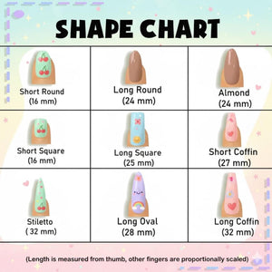 A nail shape chart displaying nine styles with labels and lengths in millimeters: Short Round (16 mm), Long Round (24 mm), Almond (24 mm), Short Square (16 mm), Long Square (25 mm), Short Coffin (27 mm), Stiletto (32 mm), Long Oval (28 mm), and Long