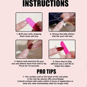 An instructional graphic titled INSTRUCTIONS and PRO TIPS featuring four numbered steps for applying press-on nails. The steps show a pink nail file, clear adhesive jelly stickers, and dark red artificial nails being applied to fingers.