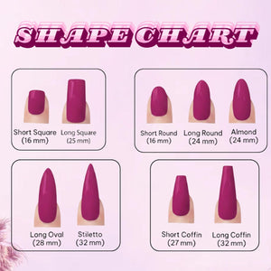 A nail shape chart featuring magenta-colored nail tips in various styles and lengths. The chart displays Short Square (16 mm), Long Square (25 mm), Short Round (16 mm), Long Round (24 mm), Almond (24 mm), Long Oval (28 mm), Stiletto (32 mm), Short Co