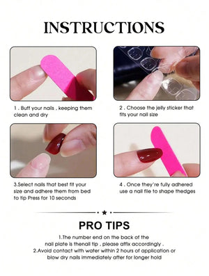 An instructional graphic for applying press-on nails. Four panels show steps: buffing natural nails with a pink file, selecting clear jelly adhesive stickers, applying dark red artificial nails, and filing edges. Includes PRO TIPS text.