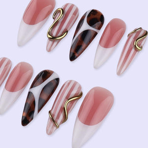 Freestyle Nude & Tortoiseshell Press On Nails with Gold Accent | Almond Handmade Nail Art
