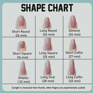 A shape chart displaying nine nail styles in a mauve tone, labeled Short Round (16 mm), Long Round (24 mm), Almond (24 mm), Short Square (16 mm), Long Square (25 mm), Short Coffin (27 mm), Stiletto (32 mm), Long Oval (28 mm), and Long Coffin (32 mm).