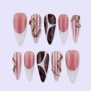 Freestyle Nude & Tortoiseshell Press On Nails with Gold Accent | Almond Handmade Nail Art