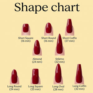 A shape chart displaying various nail shapes in a deep red color. The chart includes Short Square (16 mm), Short Round (16 mm), Short Coffin (27 mm), Almond (24 mm), Stiletto (32 mm), Long Round (24 mm), Long Square (25 mm), Long Oval (28 mm), and Lo