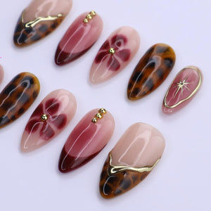 Burgundy Tortoiseshell Press On Nails with Floral Bloom & Gold Star | Medium Almond Fake Nails | Handmade Nails Art for Fall, Date Night