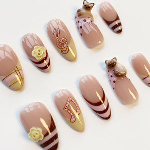 3D Siamese cat nails/press on nails long almond nails/Cute Kawaii Nails/Y2K French tips nails/Musical note nails/Button nails/Birthday nails image 5