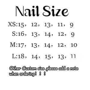 A white background with the words "Nail Size" in a black, cursive font. Below, nail sizes are listed as XS, S, M, and L, each with a corresponding set of numbers. The text "Other Custom size please add a note when ordering! ! !" is also present.
