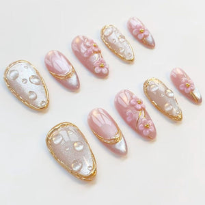 3D pink flower nails/press on nails long almond nails/Elegant nails/Gold chrome nails/Glitter cat eye nails/3D Gel nails/Birthday nails image 10