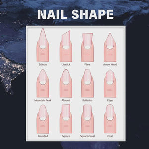 Diagram illustrating various nail shapes, including Stiletto, Lipstick, Flare, and Arrow Head. Other shapes shown are Mountain Peak, Almond, Ballerina, Edge, Rounded, Square, Squared Oval, and Oval. The title "NAIL SHAPE" is at the top.
