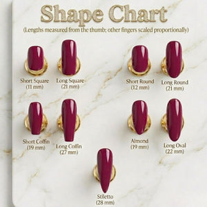 A shape chart displaying various nail shapes, including Short Square (11 mm), Long Square (21 mm), Short Round (12 mm), Long Round (21 mm), Short Coffin (19 mm), Long Coffin (27 mm), Almond (19 mm), Long Oval (22 mm), and Stiletto (28 mm).