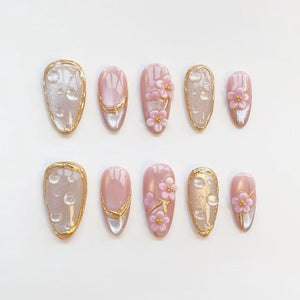 3D pink flower nails/press on nails long almond nails/Elegant nails/Gold chrome nails/Glitter cat eye nails/3D Gel nails/Birthday nails image 9