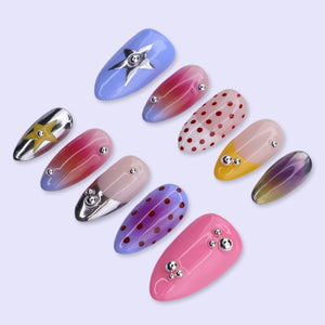 Y2K Colorful Press On Nails with Chrome Star, Polka Dot & Aura Ombre | Medium Almond Fake Nails | Retro Handmade Nails