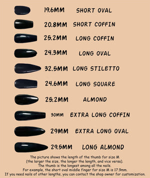 A chart displaying ten black press-on nail shapes with corresponding lengths in millimeters: 19.6mm short oval, 20.8mm short coffin, 25.2mm long coffin, 24.3mm long oval, 32.5mm long stiletto, 24.6mm long square, 25.2mm almond, 30mm extra long coffin