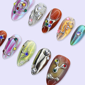 Y2K Press On Nails with Chrome Design And Colorful Gem | Medium Almond Fake Nails | Handmade Nails Art for Festival, Party, Streetwear Looks