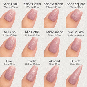 a collection of twelve different nail polish colors, each corresponding to a specific nail shape, such as short oval, short coffin, short almond, short square, mid oval, mid coffin, mid almond, mid sq