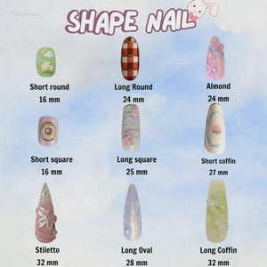 A SHAPE NAIL chart displaying nine artificial nail tips with various designs and shapes. Labels include Short round 16 mm, Long Round 24 mm, Almond 24 mm, Short square 16 mm, Long square 25 mm, Short coffin 27 mm, Stiletto 32 mm, Long Oval 28 mm, and