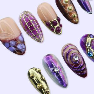 Y2K Press On Nails with Purple & Gold Chrome, Aura Swirl Art | Medium Almond Fake Nails | Handmade Nail Art for Party, Glam Looks