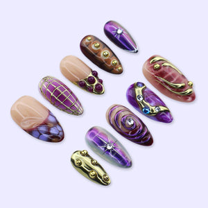 Y2K Press On Nails with Purple & Gold Chrome, Aura Swirl Art | Medium Almond Fake Nails | Handmade Nail Art for Party, Glam Looks
